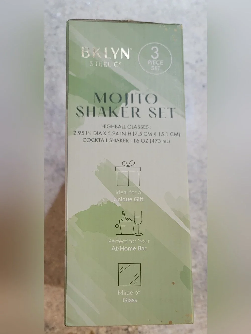 NIB Brooklyn Steel Co Mojito Drink Cocktail Shaker 3Pc Set Home Bar Glass Metal